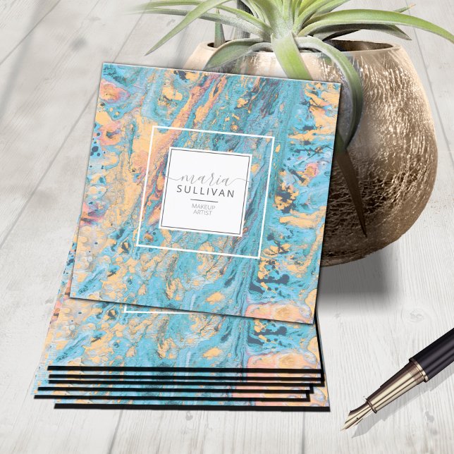 Cartão De Visita Quadrado Teal de textura do Abstrato do fluxo de tinta/ID79 (Criador carregado)