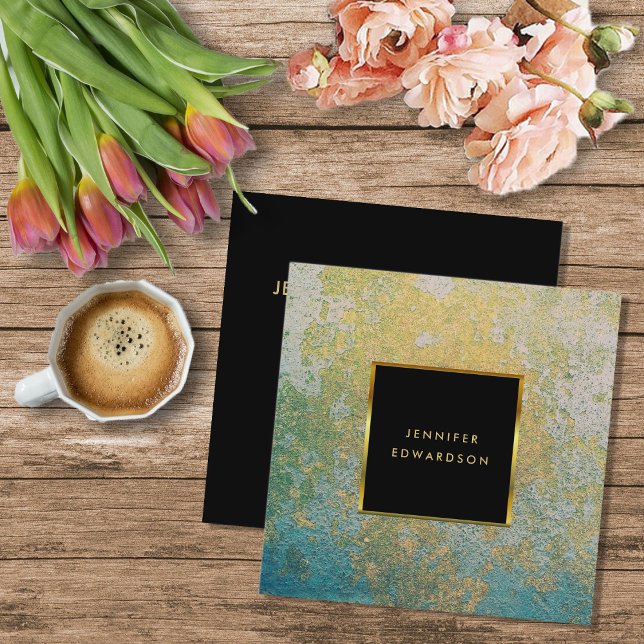 Cartão De Visita Quadrado Teal e dourado (Teal gold gemstone, black gold frame, professional square business card.)