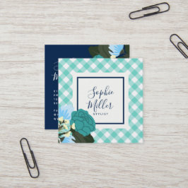 Cartão De Visita Quadrado Teal Rosa Floral e Mint Gingham
