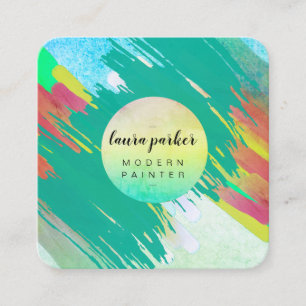 Cartão De Visita Quadrado Teal Watercolor Retro Abstrato Paint Artist Girly