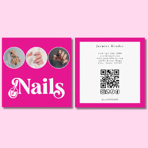Cartão De Visita Quadrado Técnico de Unhas Rosa Quente 3 Código QR de Foto