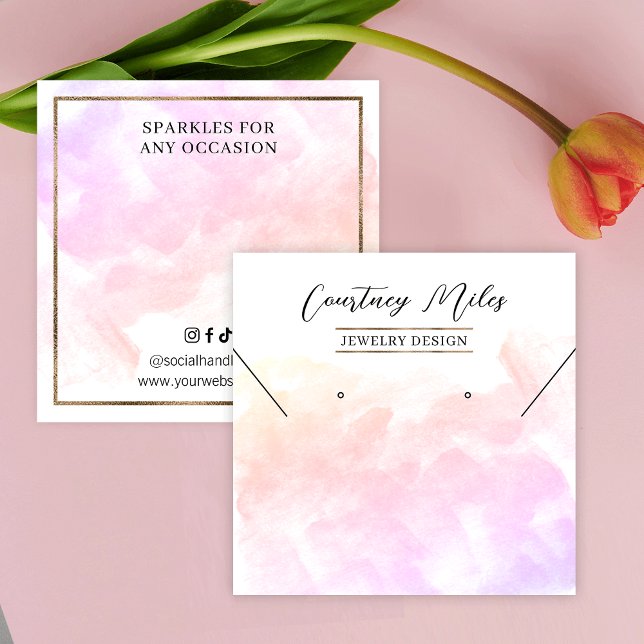 Cartão De Visita Quadrado Tela de Leituras de Bracelete Douradas com Água (Feminine pastel watercolor and gold glitter jewelry display tags for earrings necklaces & bracelets)