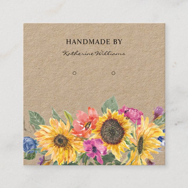 Cartão De Visita Quadrado Tela do Kraft Paper Earring | Floral de girassol (Frente)