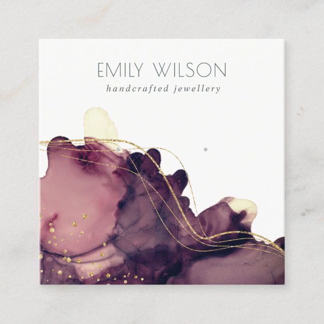 Cartão De Visita Quadrado Tela Dourada de Maroon com Tinta de Álcool abstrat (Frente)