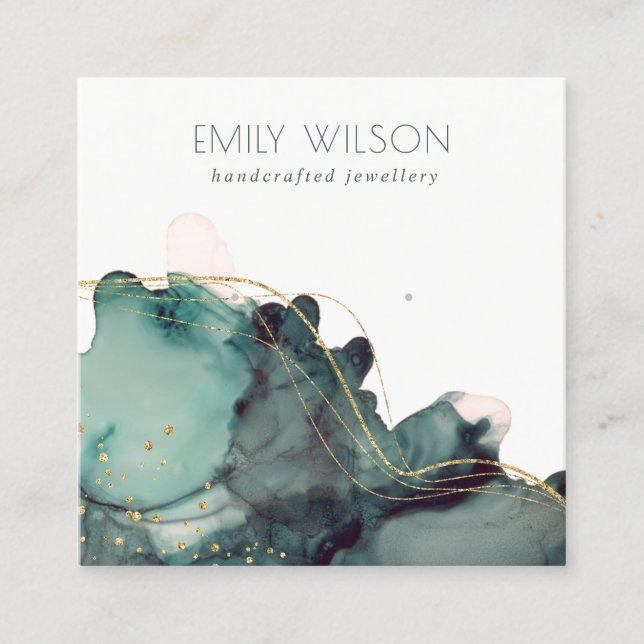 Cartão De Visita Quadrado Tela Dourada de ressonância verde com tinta a álco (Frente)