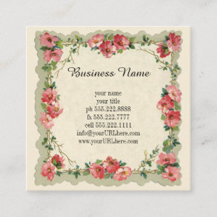 Cartão De Visita Quadrado Tema de Casamento Vintage, Rosas e Flores Rosa