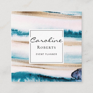 Cartão De Visita Quadrado Tendência Brushstrokes D'Água Cores Azuis Elegan