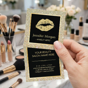 Cartão De Visita Quadrado Tendência Lábios Dourados Glitter Sparkles Makeup