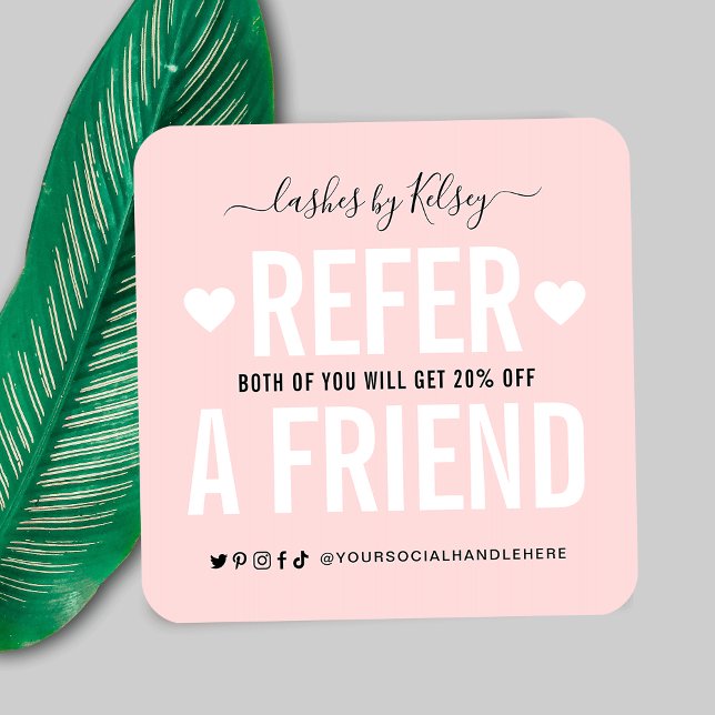 Cartão De Visita Quadrado Tendy Blush Pink Consulte Uma Referência De Logoti (Encourage more client referrals with this Refer a Friend Business Card in blush pink and white)