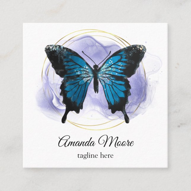 Cartão De Visita Quadrado terapeuta de ônibus de vida à borboleta azul holog (Frente)