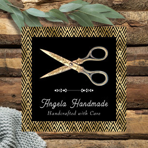 Cartão De Visita Quadrado Tesoura Artesanal Elegante Dourada