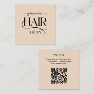 Cartão De Visita Quadrado Tesoura bege Script Código Qr salão de beleza