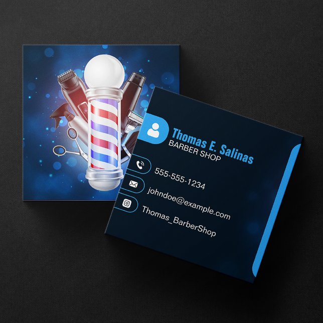 Cartão De Visita Quadrado Tesoura Blue Bokeh Compra Cabelo de vara (Criador carregado)