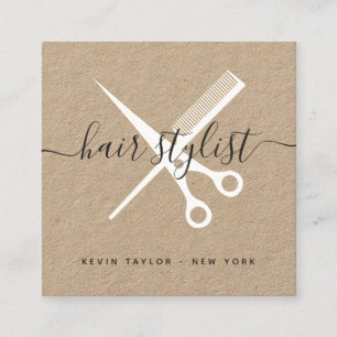 Cartão De Visita Quadrado Tesoura branca e kraft moderna - estilista de cabe