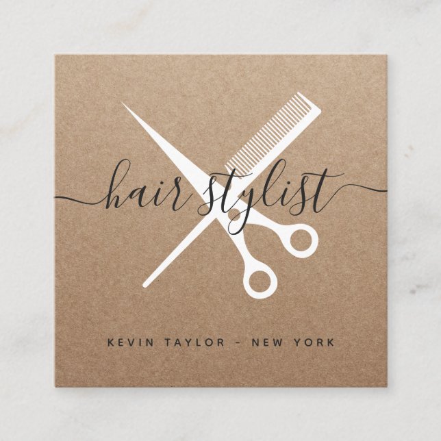 Cartão De Visita Quadrado Tesoura branca moderna, marca cabelo estilista kra (Frente)