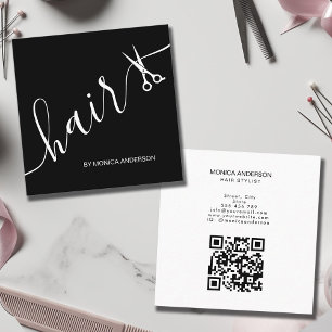Cartão De Visita Quadrado Tesoura de Cabelo Preto e Branco Elegante Código Q