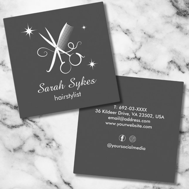 Cartão De Visita Quadrado Tesoura de Estilos de Cabelo Moderno Cinza Escuro  (Criador carregado)