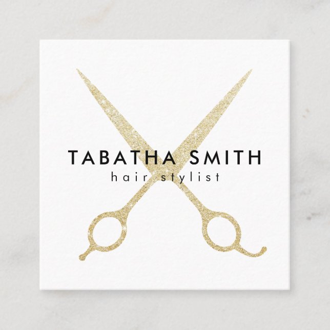 Cartão De Visita Quadrado Tesoura de ouro cônico elegante lisas cabeleireira (Frente)
