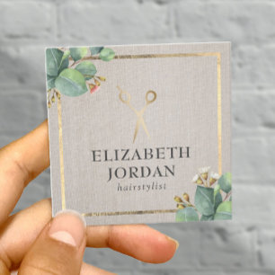 Cartão De Visita Quadrado Tesoura Dourada com Stylist para o cabelo Linn