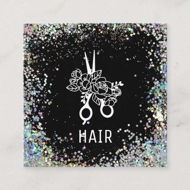 Cartão De Visita Quadrado *~* Tesoura Floral Flores Rainbow Glitter AP6 (Frente)