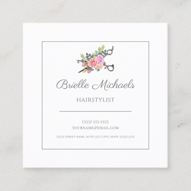 Cartão De Visita Quadrado Tesoura Floral para Corte de Cabelo (Frente)