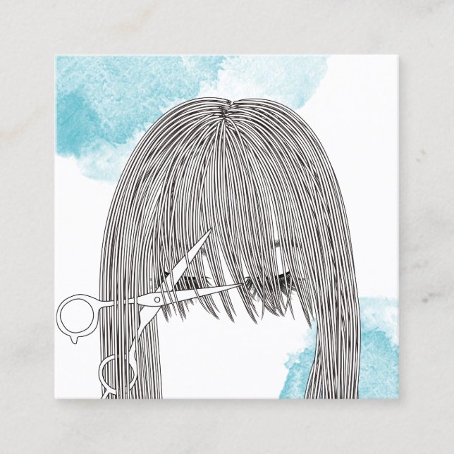 Cartão De Visita Quadrado Tesoura Hair Stylist & Rapariga Desenhando Aquarel (Frente)