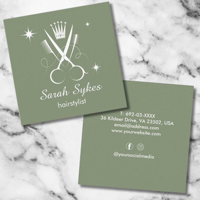 Cartão De Visita Quadrado Tesoura Hair Stylist Sage Green Barber Personaliza (Criador carregado)