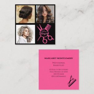 Cartão De Visita Quadrado Tesoura Minimalista Rosa Preto Foto Salão de Cabel