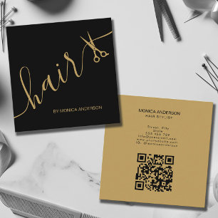 Cartão De Visita Quadrado Tesoura Preta Luxo com Grafismo a Ouro e Código QR