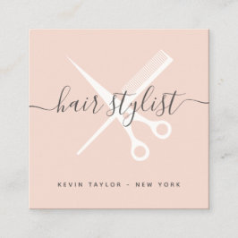 Cartão De Visita Quadrado Tesoura rosa pincelada moderna Branding Penteado