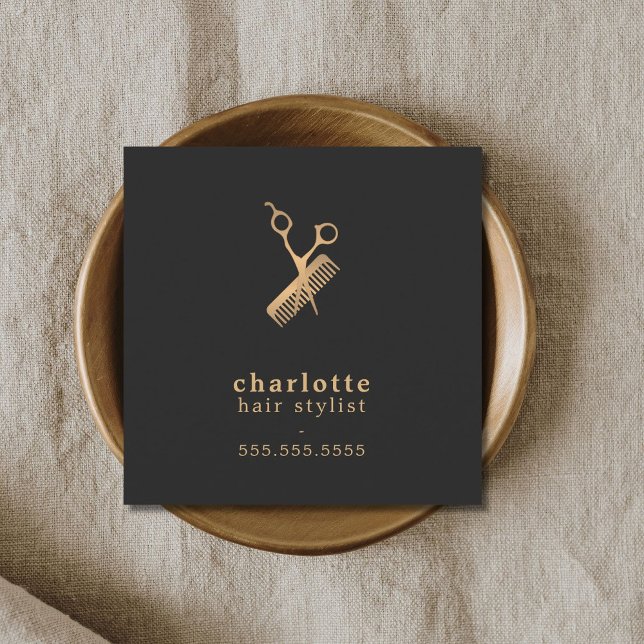 Cartão De Visita Quadrado Tesouras Douradas Escuras Escuras Elegantes (Criador carregado)
