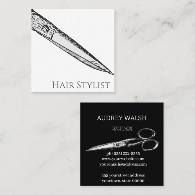 Cartão De Visita Quadrado Tesouras visuais, simples preto e branco modernos (Frente/Verso)