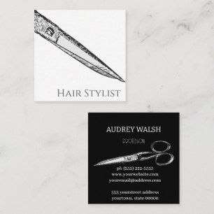 Cartão De Visita Quadrado Tesouras visuais, simples preto e branco modernos