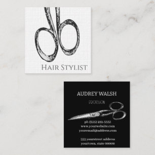 Cartão De Visita Quadrado Tesouras visuais, simples preto e branco modernos