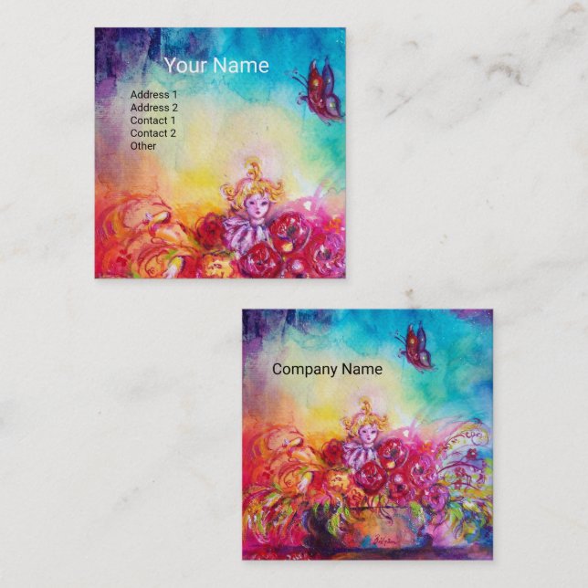 CARTÃO DE VISITA QUADRADO THUMBELINA, FLOWER BASKET E BUTTERFLY (Frente/Verso)