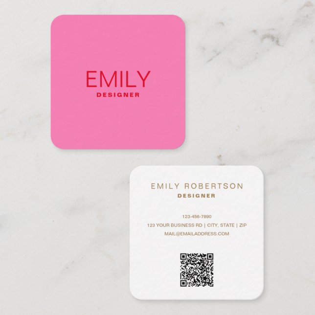 Cartão De Visita Quadrado Tipografia Vermelha Moderna | Rosa (Frente/Verso)