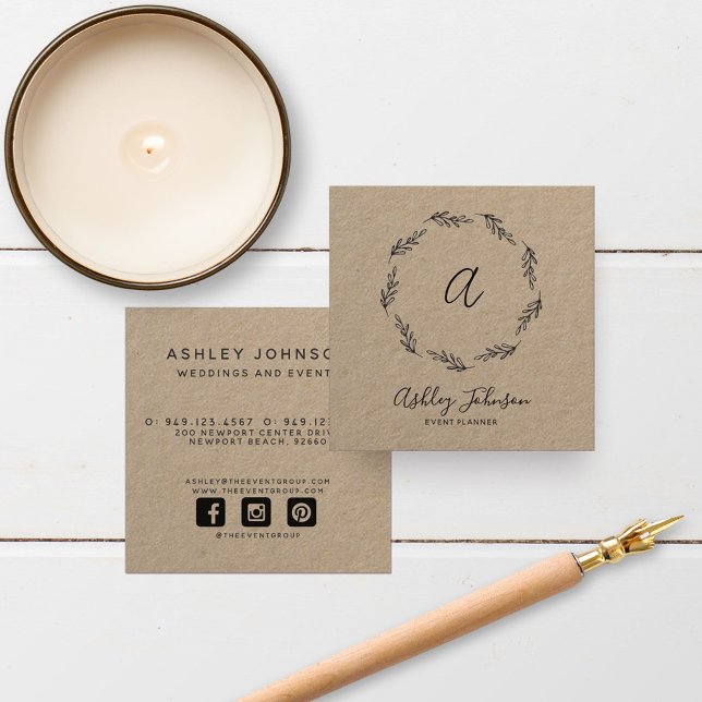 Cartão De Visita Quadrado Traço preto desenhado à mão Monograma inicial (Criador carregado)