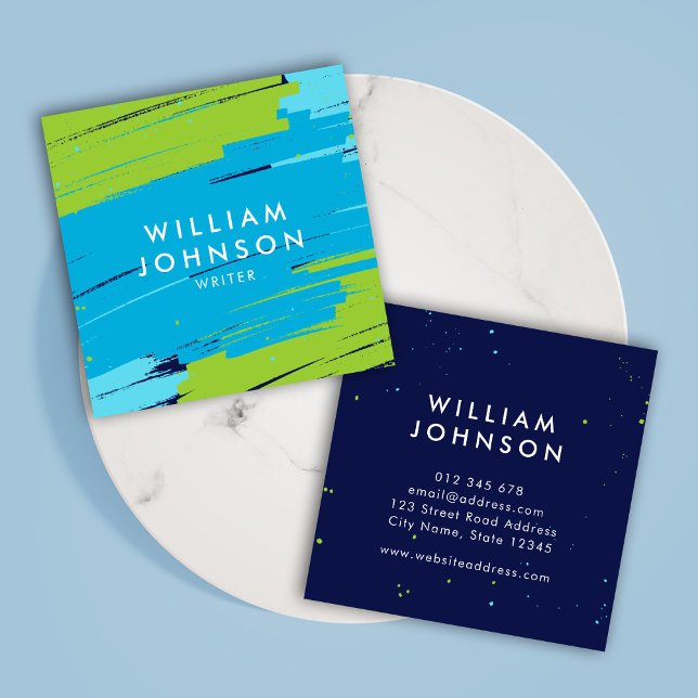 Cartão De Visita Quadrado Traços de Negrito Moderno Verdes e Azuis Vibrantes (Criador carregado)
