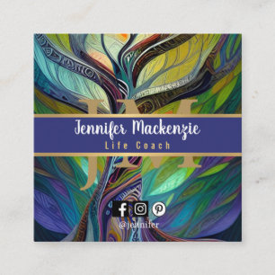 Cartão De Visita Quadrado Treinador da vida Terapista Arco-íris Árvore da vi