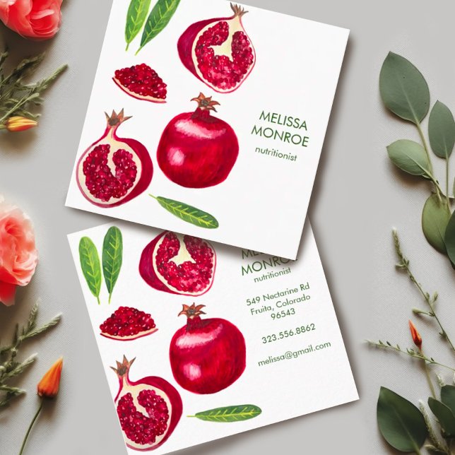 Cartão De Visita Quadrado Treinador Nutricionista de Chef Pomegranates Fruta (Watercolor pomegranates with leaves decorate these custom square business cards. Add your own text.)