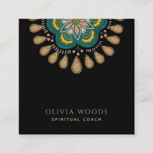 Cartão De Visita Quadrado Treinadora Espiritual Floral Mandala Boho Elegante