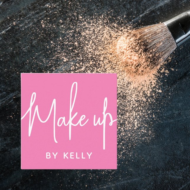 Cartão De Visita Quadrado Trendy Chic Bold Pink Script Make up artista (Criador carregado)