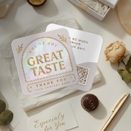 Cartão De Visita Quadrado Trendy Chic Holographic Aura Arch Beige Thank you