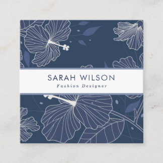 Cartão De Visita Quadrado Trendy Dark Blue Hibiscus Flowers Código QR