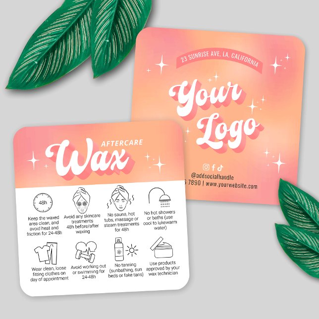 Cartão De Visita Quadrado Trendy Girly Peach Groovy Waxing Aftercare Guide (waxing prep + aftercare instructions cards in trendy groovy style with your logo and custom text)