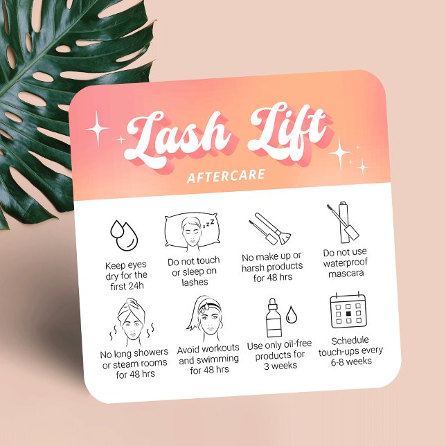 Cartão De Visita Quadrado Trendy Girly Peach Lash Lift & Tint Aftercare Card (Lash lift & tint aftercare instructions cards in trendy groovy style with your logo and custom text)