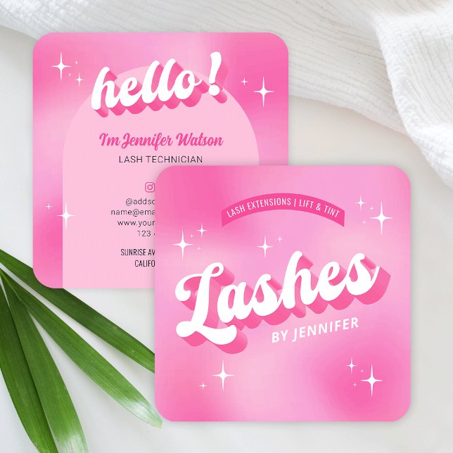 Cartão De Visita Quadrado Trendy Lashes Groovy Girly Pink Lash Extensões (Retro pink lashes business cards with groovy fonts and trendy nostalgia style design)