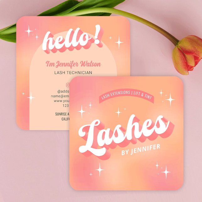 Cartão De Visita Quadrado Trendy Lashes Groovy Retro Girly Lash Extensões (Lashes business cards in trendy retro style with pastel peach background and groovy fonts)