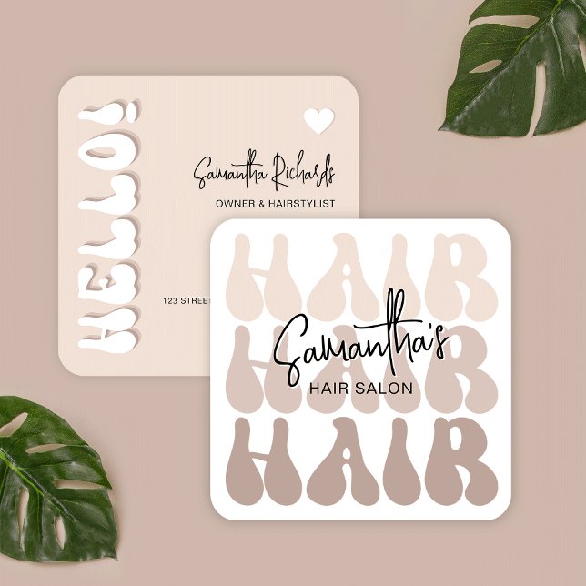 Cartão De Visita Quadrado Trendy Retro Beige Hair Stylist Salon Chic Modern (Retro beige and white hair business cards, a trendy and chic design that is sure to impress)
