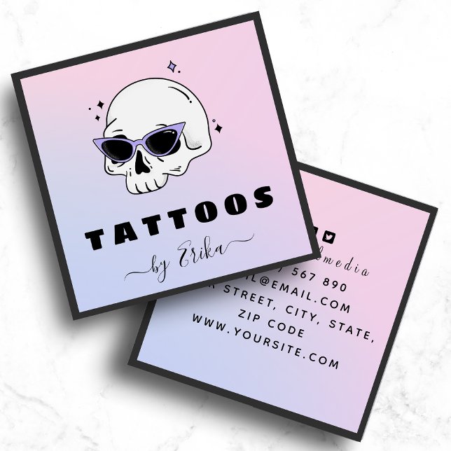 Cartão De Visita Quadrado Trendy Skull Glass Tatuagem Artista Gradação Girly (Criador carregado)